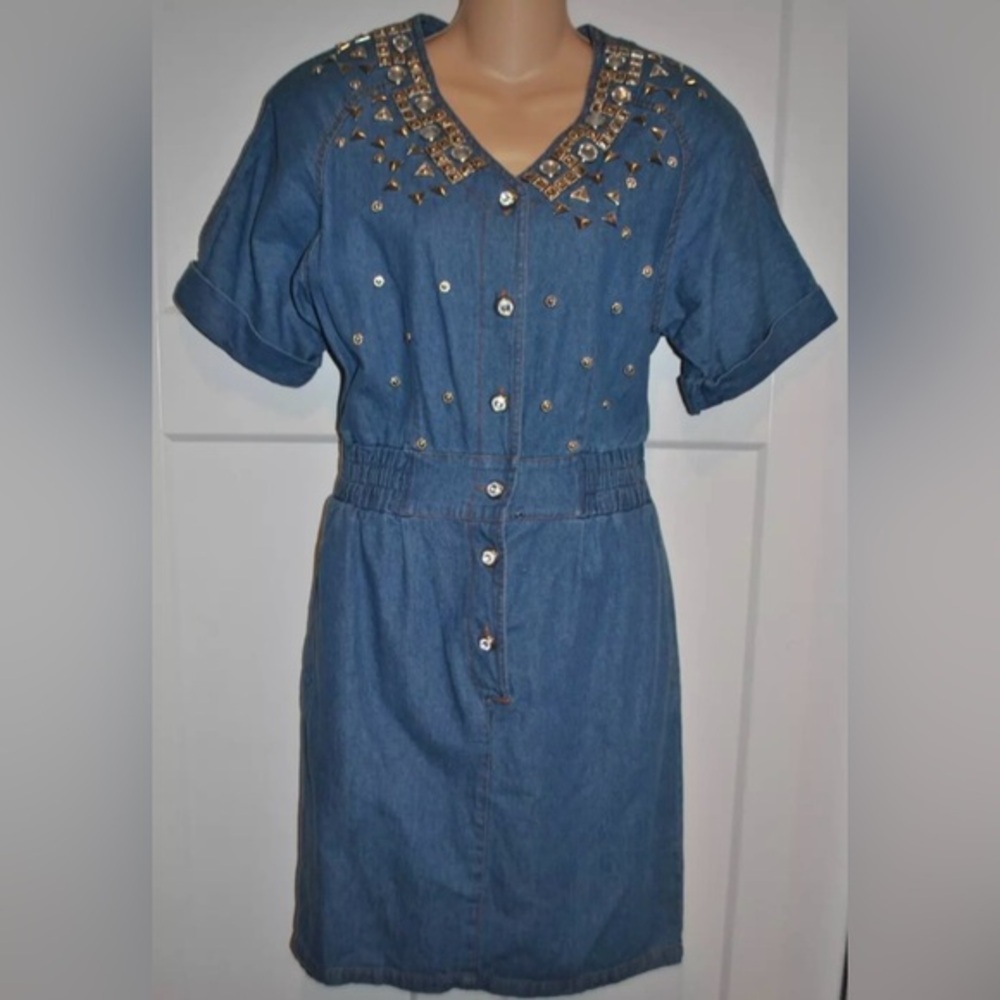 STYLEWORKS Denim Silver Studded Jeweled Dress Shoulder Pads S Vintage 80's Y2K